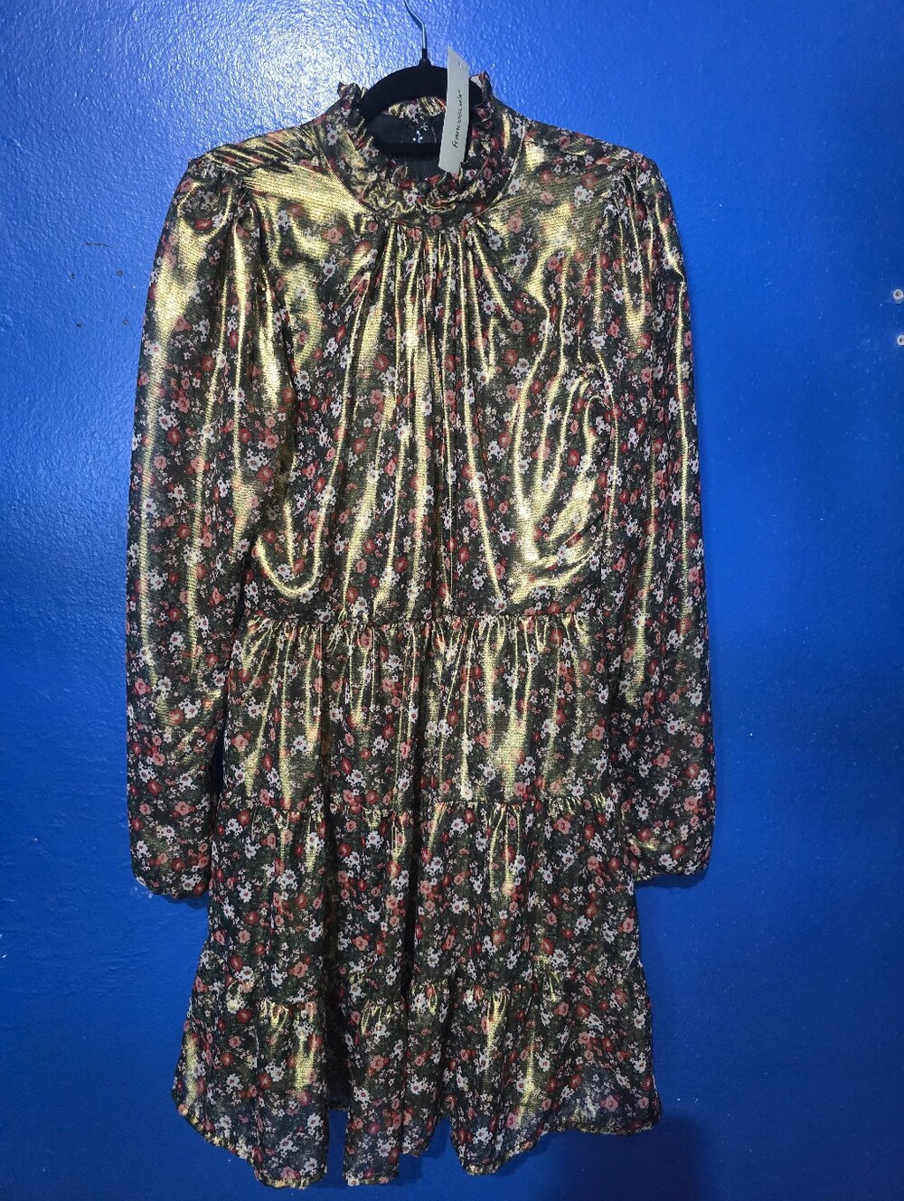 Trixxi Gold Foiled Long Sleeve Floral Dress Medium NEW With Tags